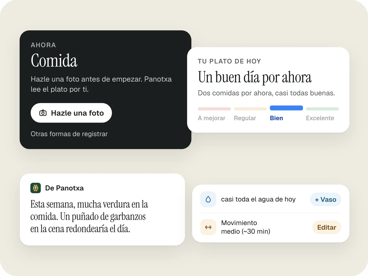 La pantalla de hoy en tarjetas: la próxima comida con el botón Hazle una foto, tu plato de hoy como Un buen día por ahora, una sugerencia de Panotxa y las líneas de agua y movimiento.